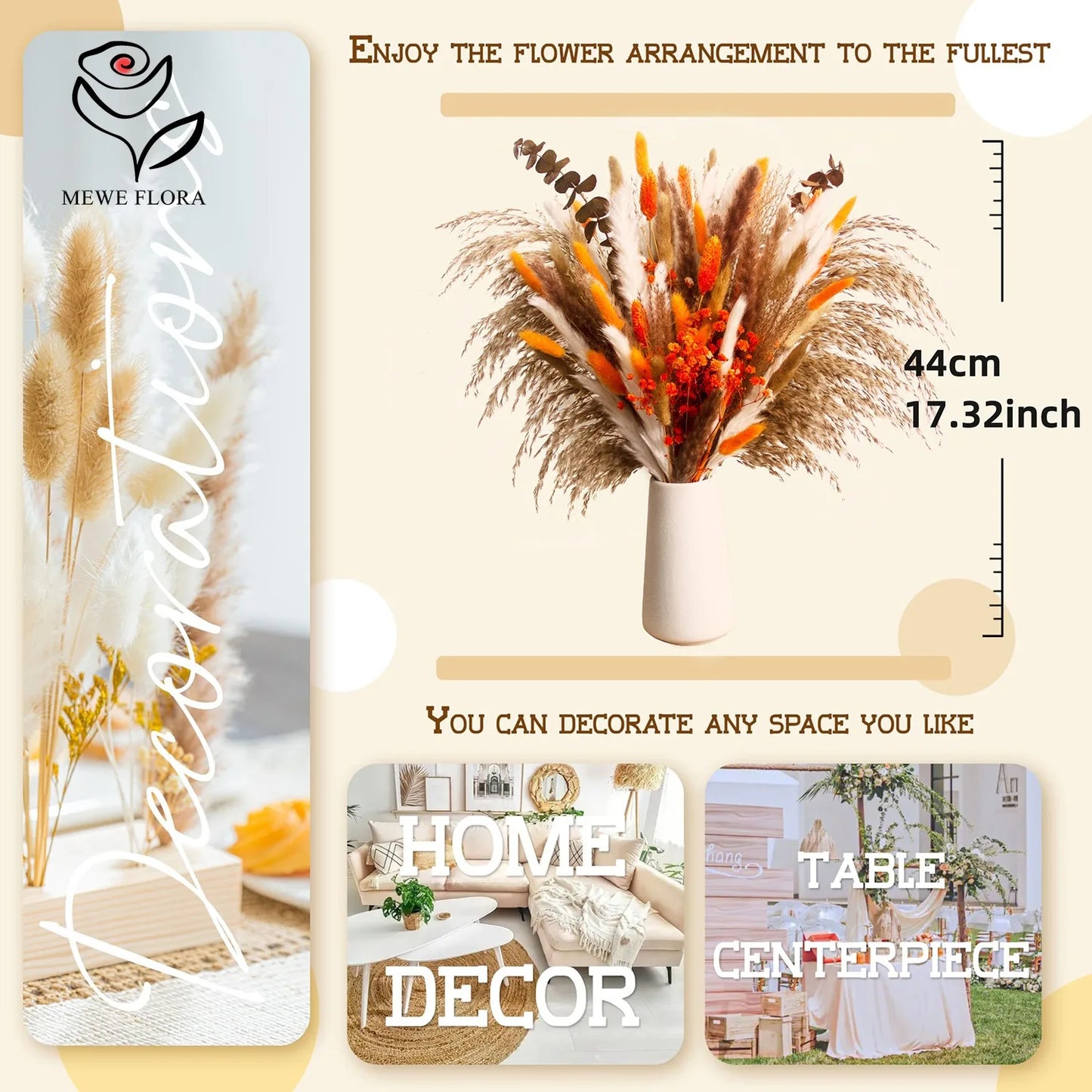 Dried Natural Flowers Pampas Bouquet Sets Autumn Decorative Orange Gypsophila Rabbit Tail Grass Rustic Chic Home Decor for Vase