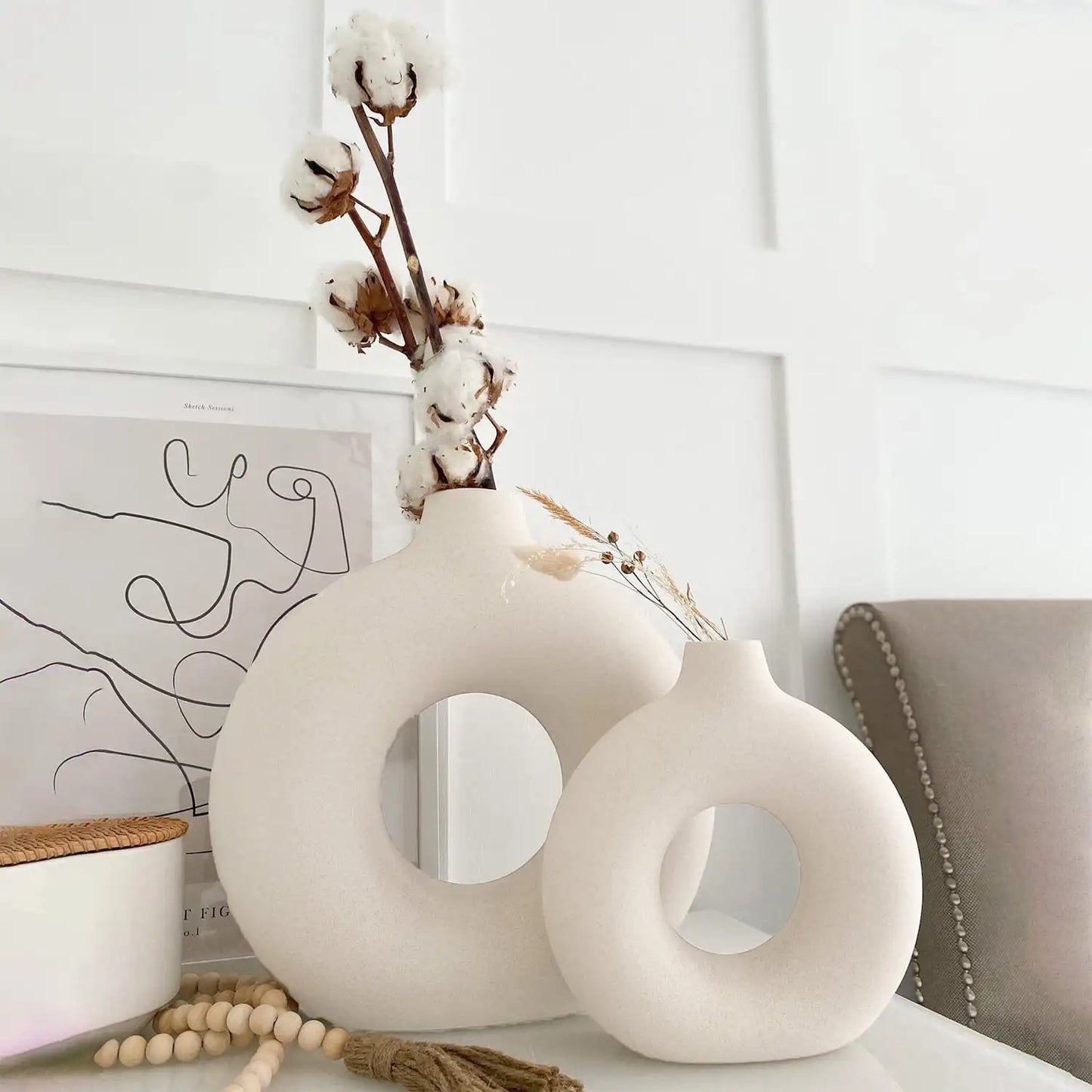 Ceramic Vases for Home Decor Set of 2 Donut Vases Modern White Farmhouse Vases Round Boho for Bookshelf Mantel