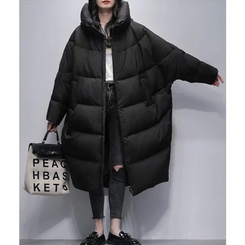 Winter Long Down Jacket Female 2025 New Korean Bat sleeve Hooded 90% White duck down Coat Women's Loose Warm Parkas Overcoat