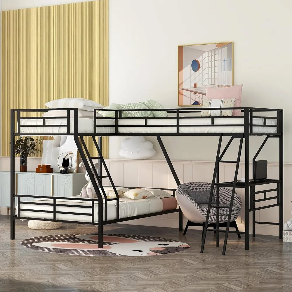 Loft Bed L-Shaped, Twin Over Full Bunk with a Twin Size Loft Bed Attached, with a Desk, 3 Beds Bunk Bed Frame for Kids Teens