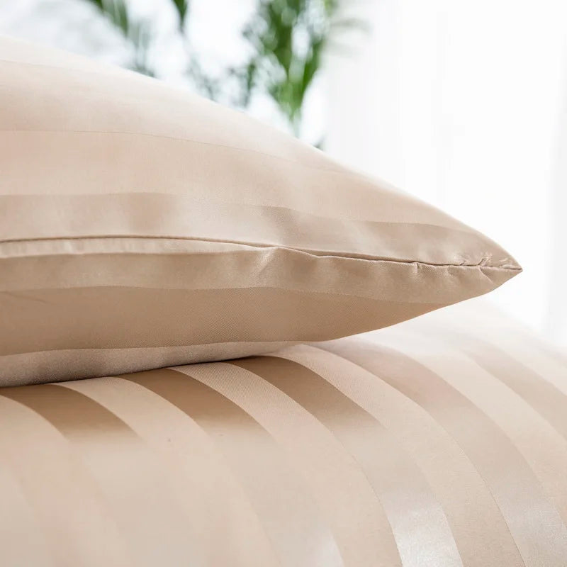 Satin Striped Duvet Cover Twin/Full/Queen/King/Single/Double Size Set, Luxury Silky Like Khaki Stripe Duvet Cover Bedding Set
