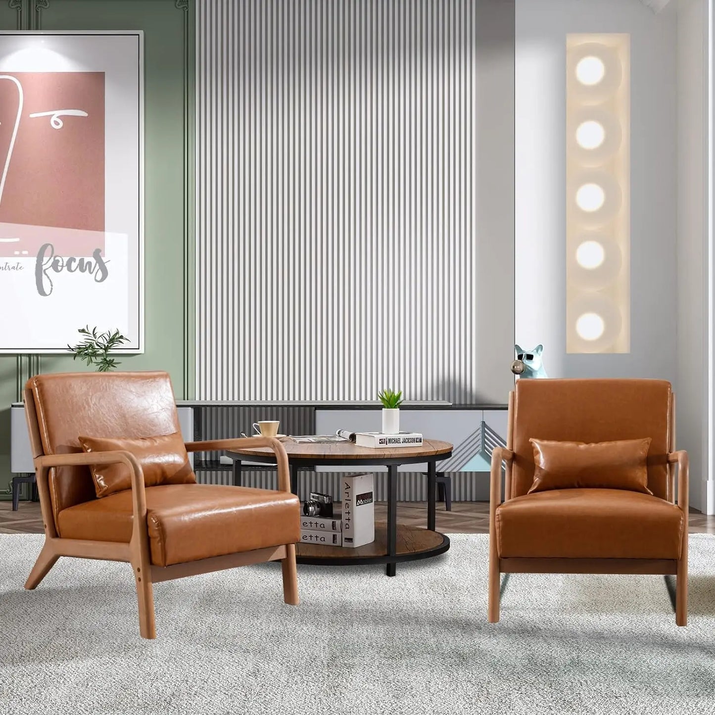 Mid Century Modern Accent Chairs Set of 2, Single Fabric Lounge Reading Armchair with Solid Wood Frame,Easy Assembly Arm Chairs