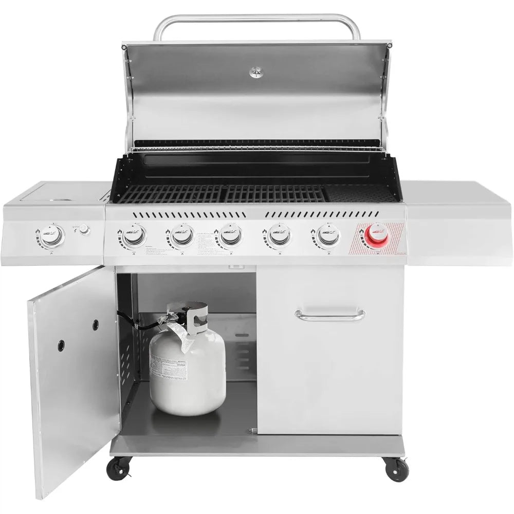 6 burner Propane gas grill with side burner and heating rack, 74,000 btu, cabinet grill for grilling and cooking