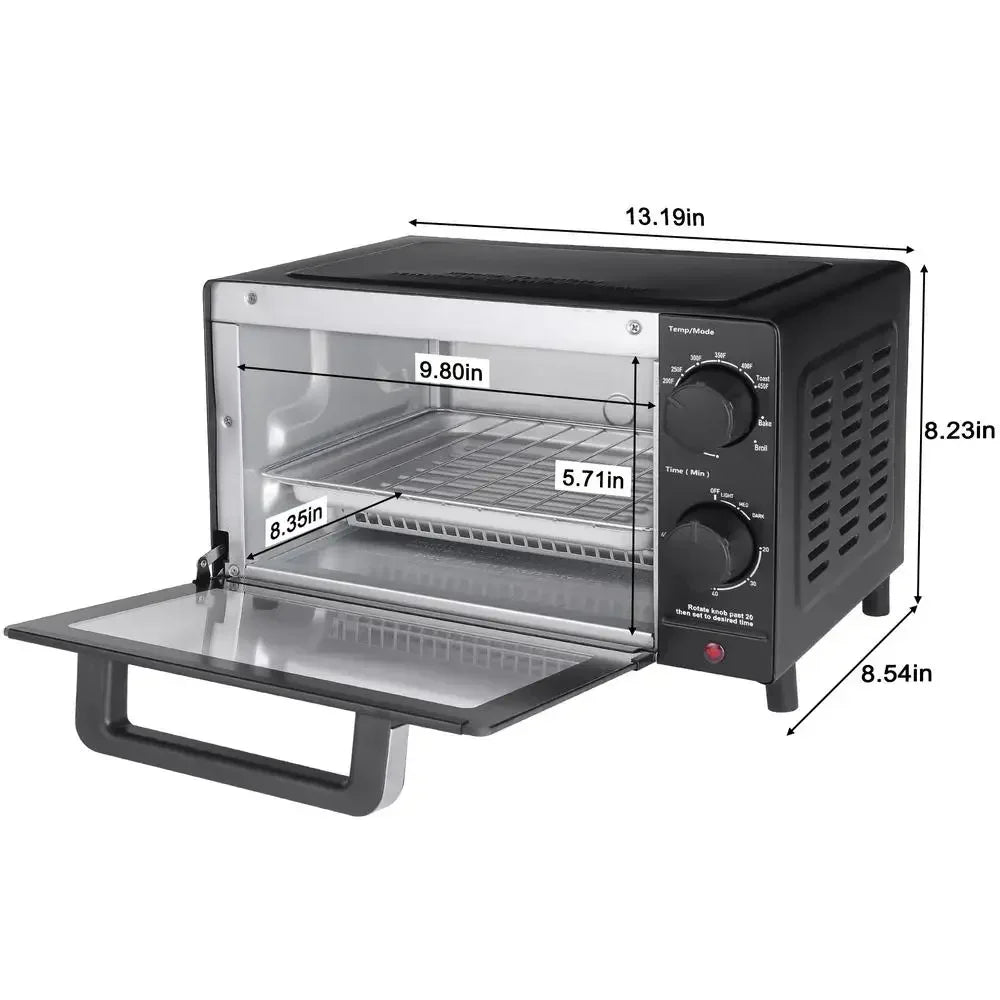 4 Slice Toaster Oven Bake Broil & Toast 9-inch Pizza or 4 Bread Slices Quartz Heating Elements 60 Minute Timer 1050W Power