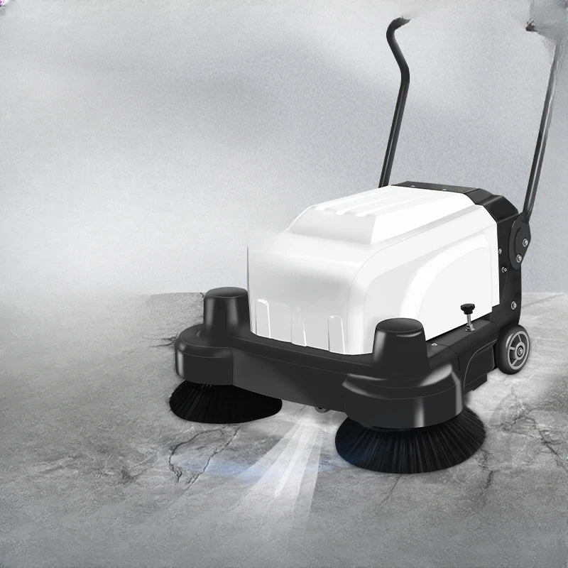 Electric hand-propelled industrial sweeper, factory floor sweeper, garage, site warehouse, vacuum cleaner.