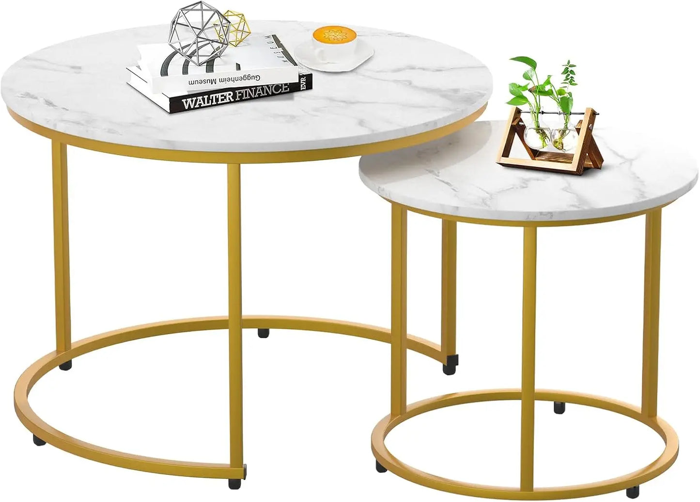 2-piece Nested Table Set, Living Room Circular Coffee Table with Golden Metal Frame, Marble Patterned Nested Table