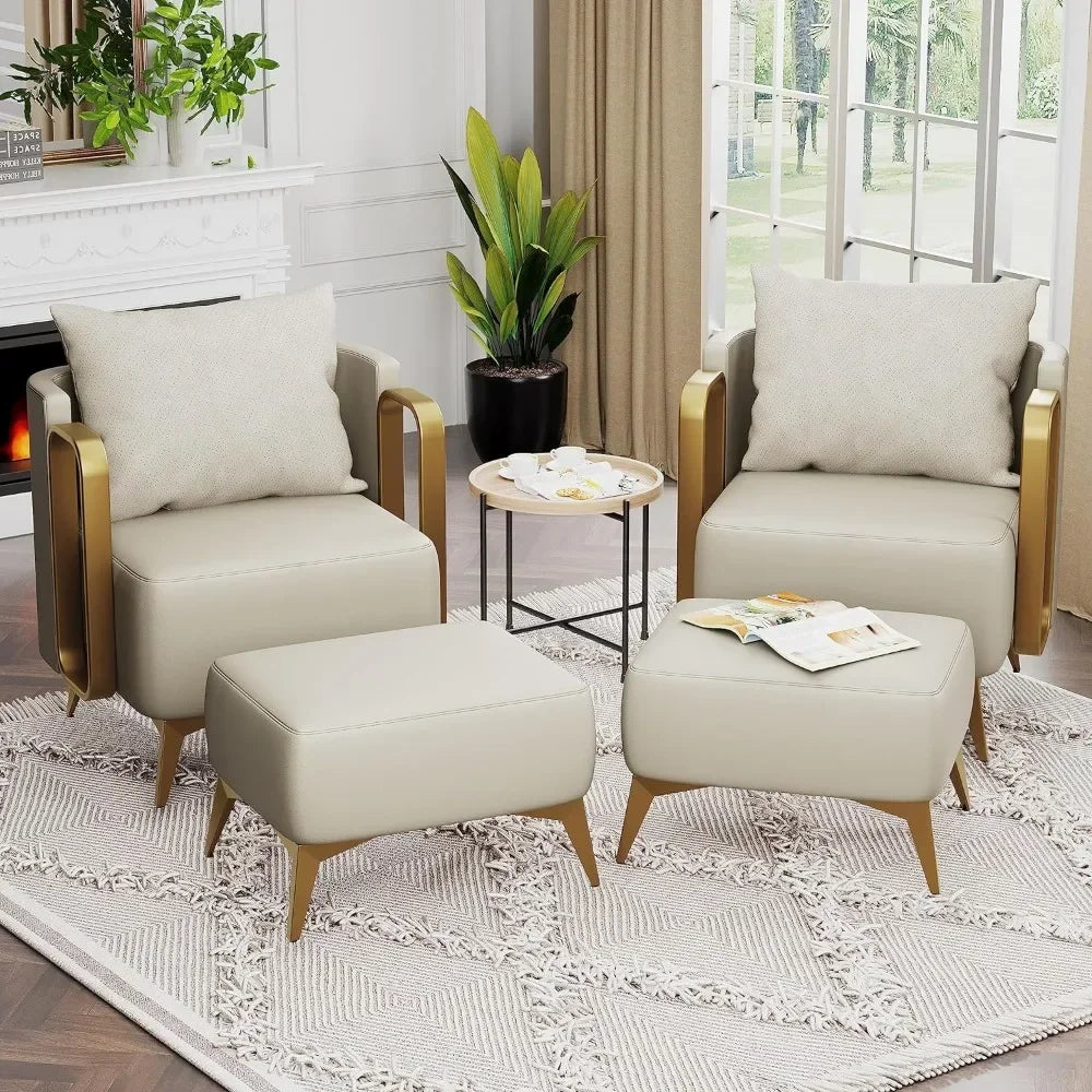 Chair with Ottoman,Faux Leather Upholstered  Reading Single Sofa chair Bedroom Living Room Office,Armchair with Metal Legs,Beige