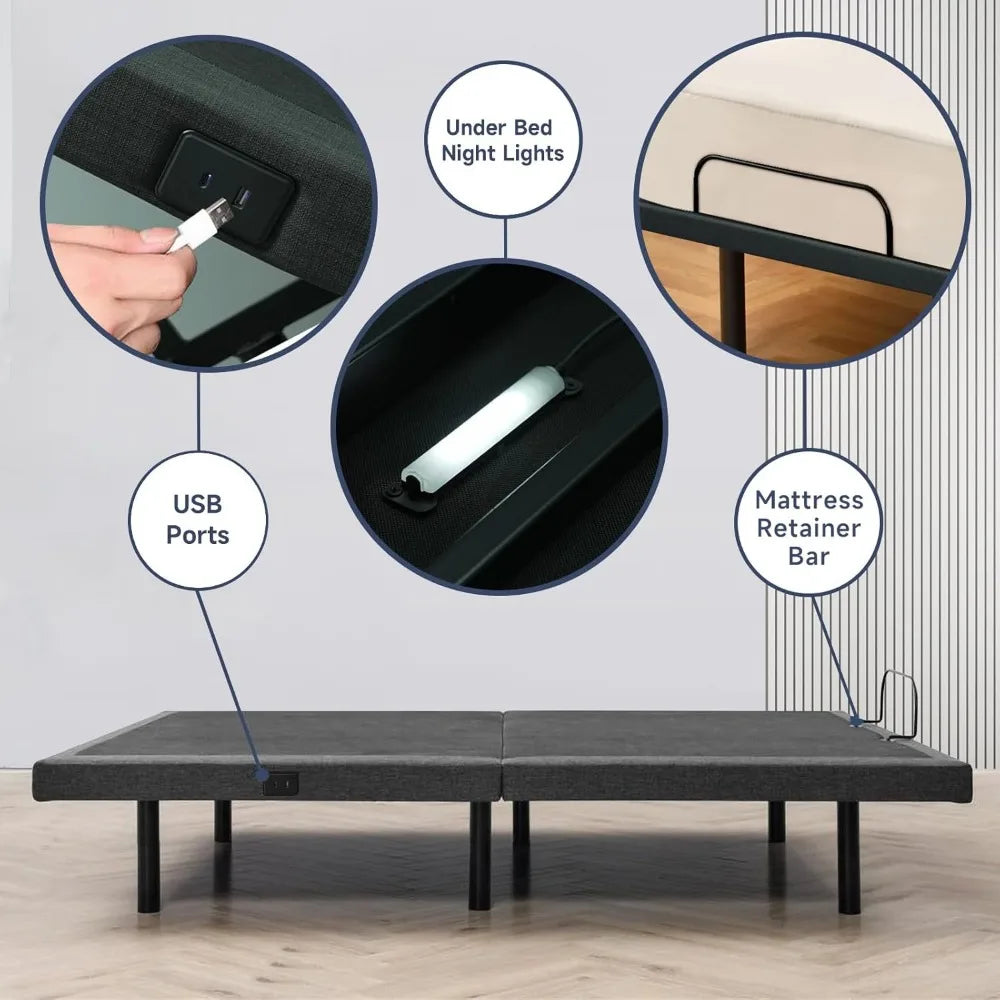 Queen Adjustable Metal Bed Frame，Electric Smart Folding Bed with Wireless Remote Control, LEDs, USB，lectric Smart Folding Bed