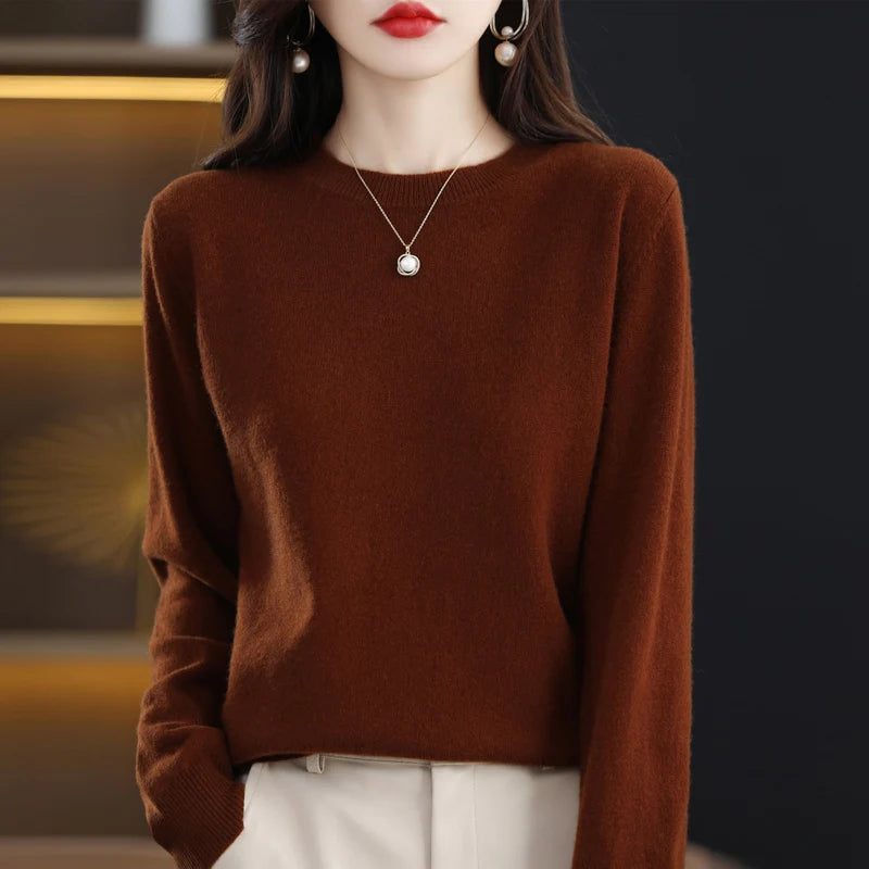 100% pure wool cashmere sweater women's O-neck pullover casual knit top autumn and winter women's coat Korean fashion