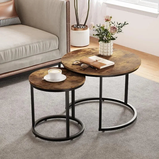 Nesting Coffee Table Set of 2, 23.6" Round Coffee Table Rustic Wood Top with Adjustable Non-Slip Feet, Industrial End Table