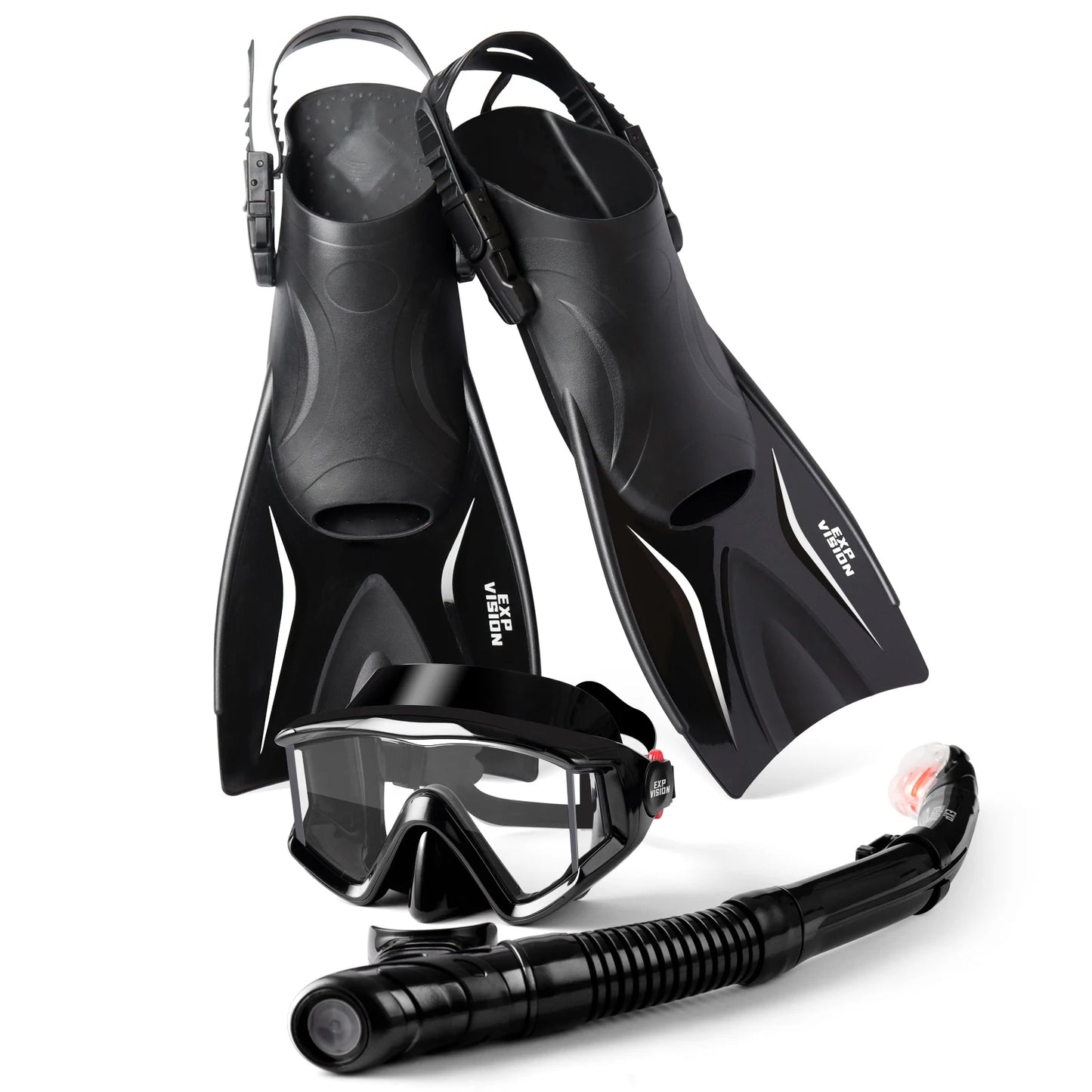 Diving Mask Fin Snorkel Set for Adults, Panoramic Diving Mask, Dry Top Snorkel and Dive Flippers Kit with Travel Bag