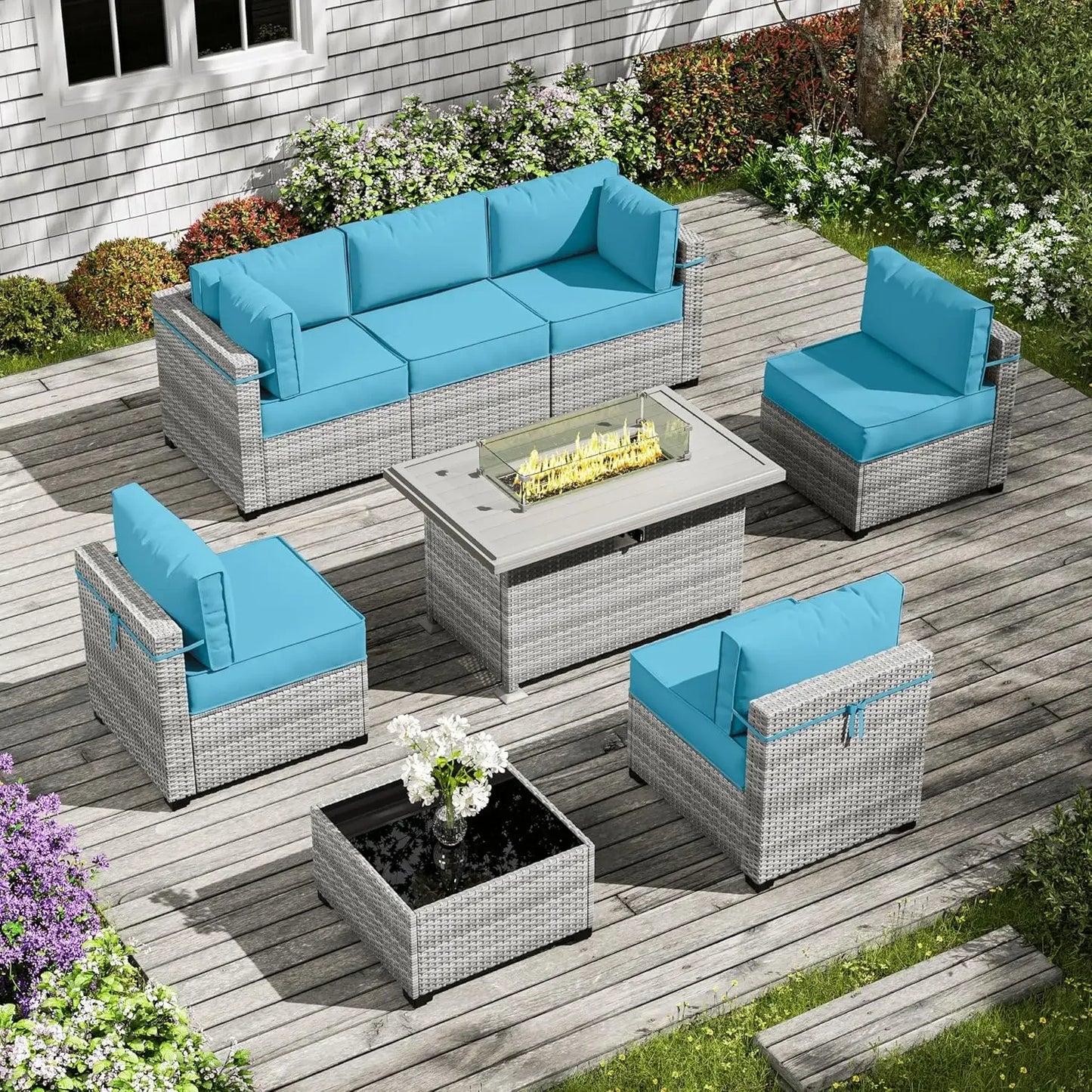 8-Piece Patio Furniture Set With Fire Pit Table, Seat Cushions Light Grey Outdoor Modular Wicker Conversation Set