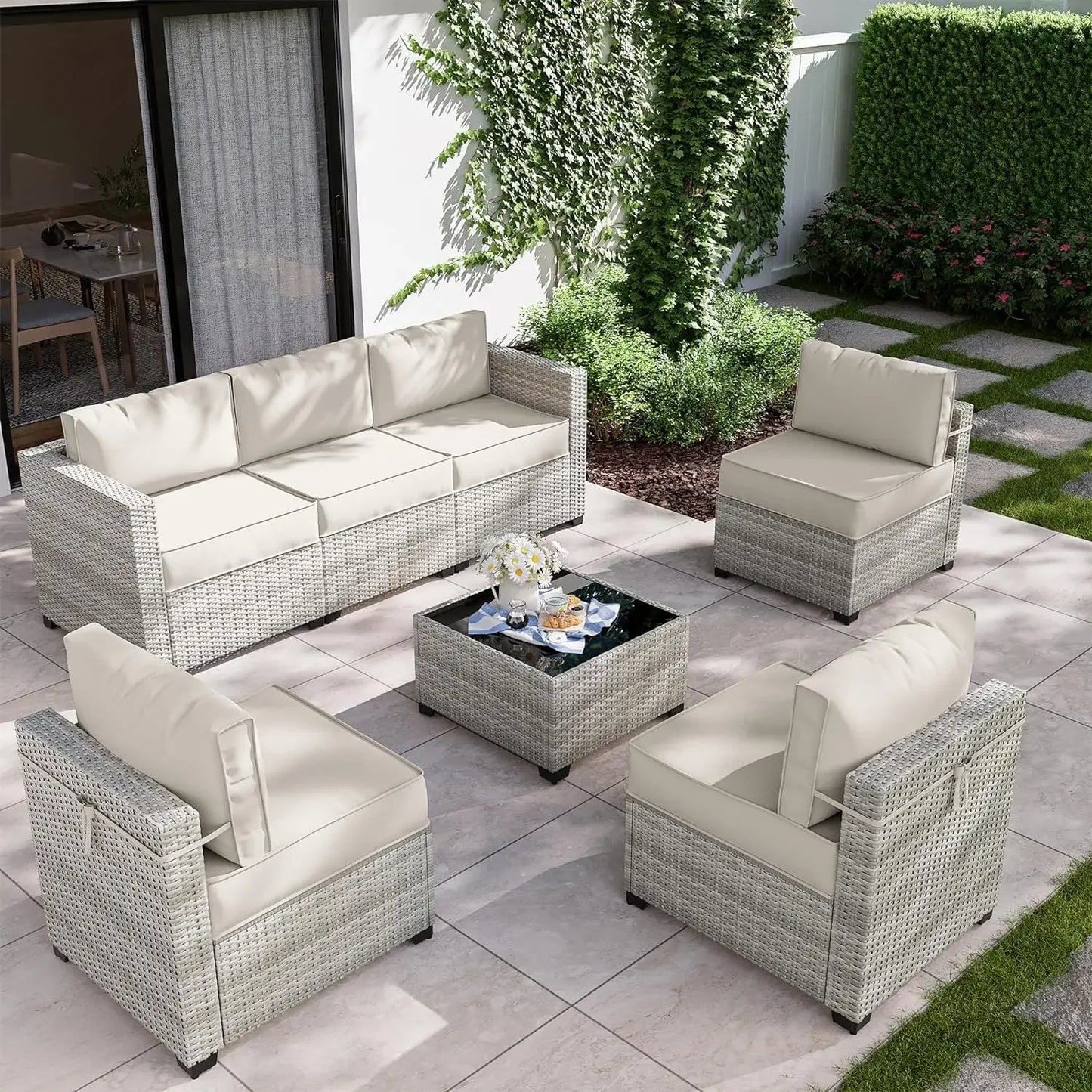 8-Piece Patio Furniture Set With Fire Pit Table, Seat Cushions Light Grey Outdoor Modular Wicker Conversation Set