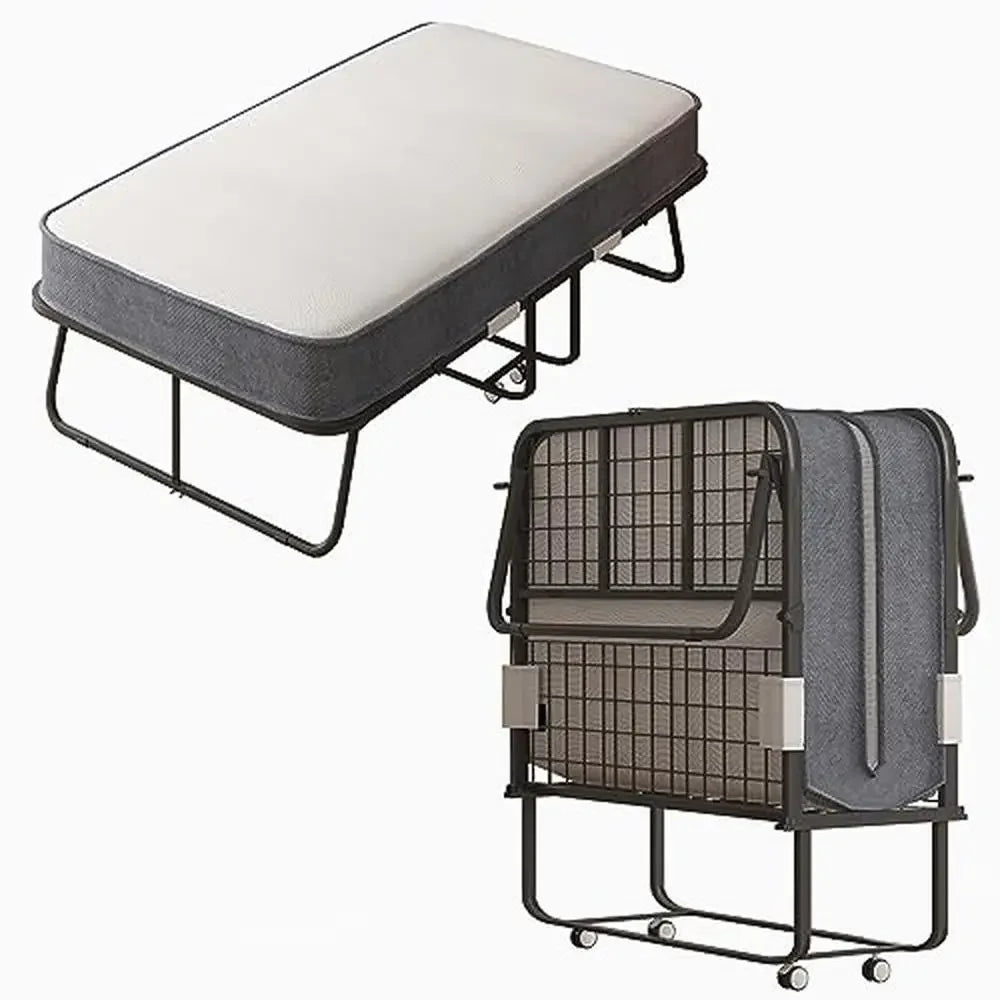 4 Inch Memory Foam Folding Bed Rollaway Portable with Lockable Wheels Sturdy Metal Frame 330 lb Capacity Headboard & Dust