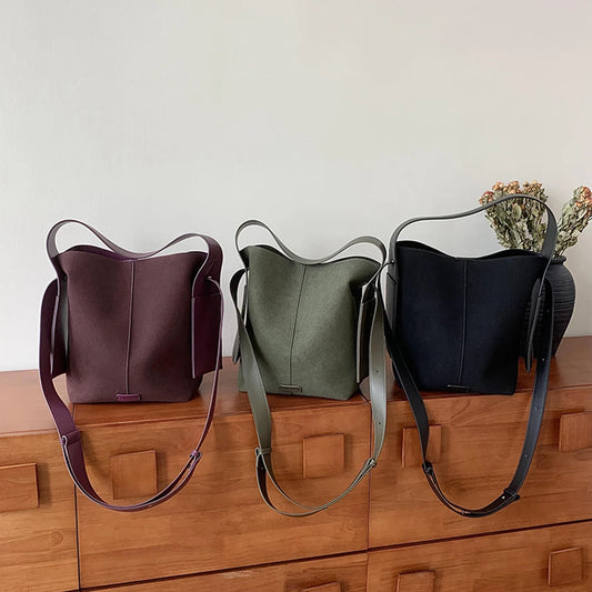 Bucket Bag for Women Men Adjustable Strap Crossbody Bag Suede Solid Color Large Tote Bag Trendy Handbag Work Travel Bag