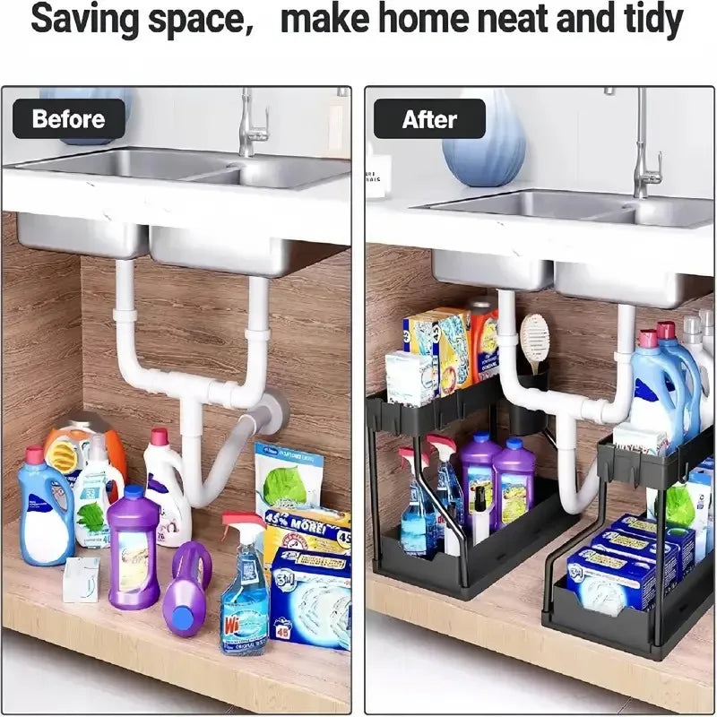 Kitchen Storage Rack Under Sink Organizer L-Shape Sliding Storage Shelf Cabinet Drawer Organizers Bathroom Kitchen Accessories