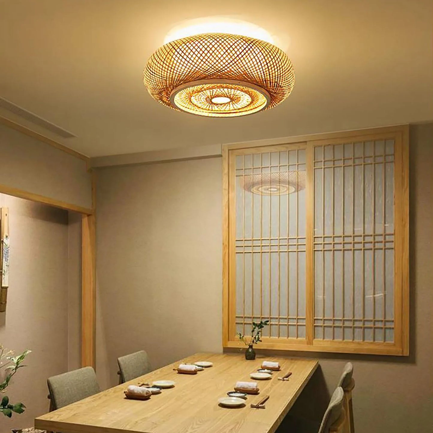 40/50 CM Flush Mount Bamboo Shade Ceiling Light Fixture Rattan Wicker Hanging Pendant Lamp Restaurant Home Room Chandelier