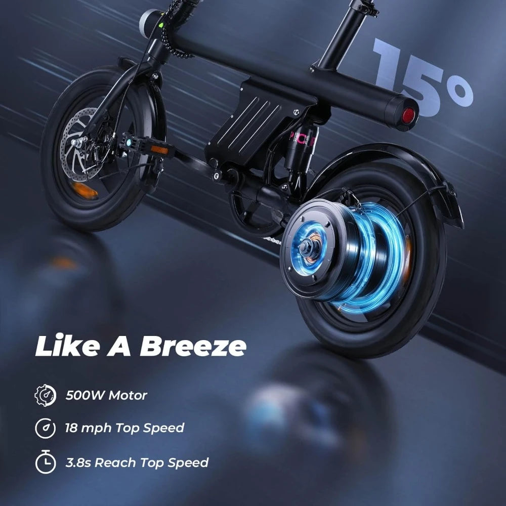 Electric Bike 500W Motor, 20 Mph Folding Ebike, 14" Adults Electric Bicycles with Uphill, 280.8Wh Battery, 25 Miles PAS Range