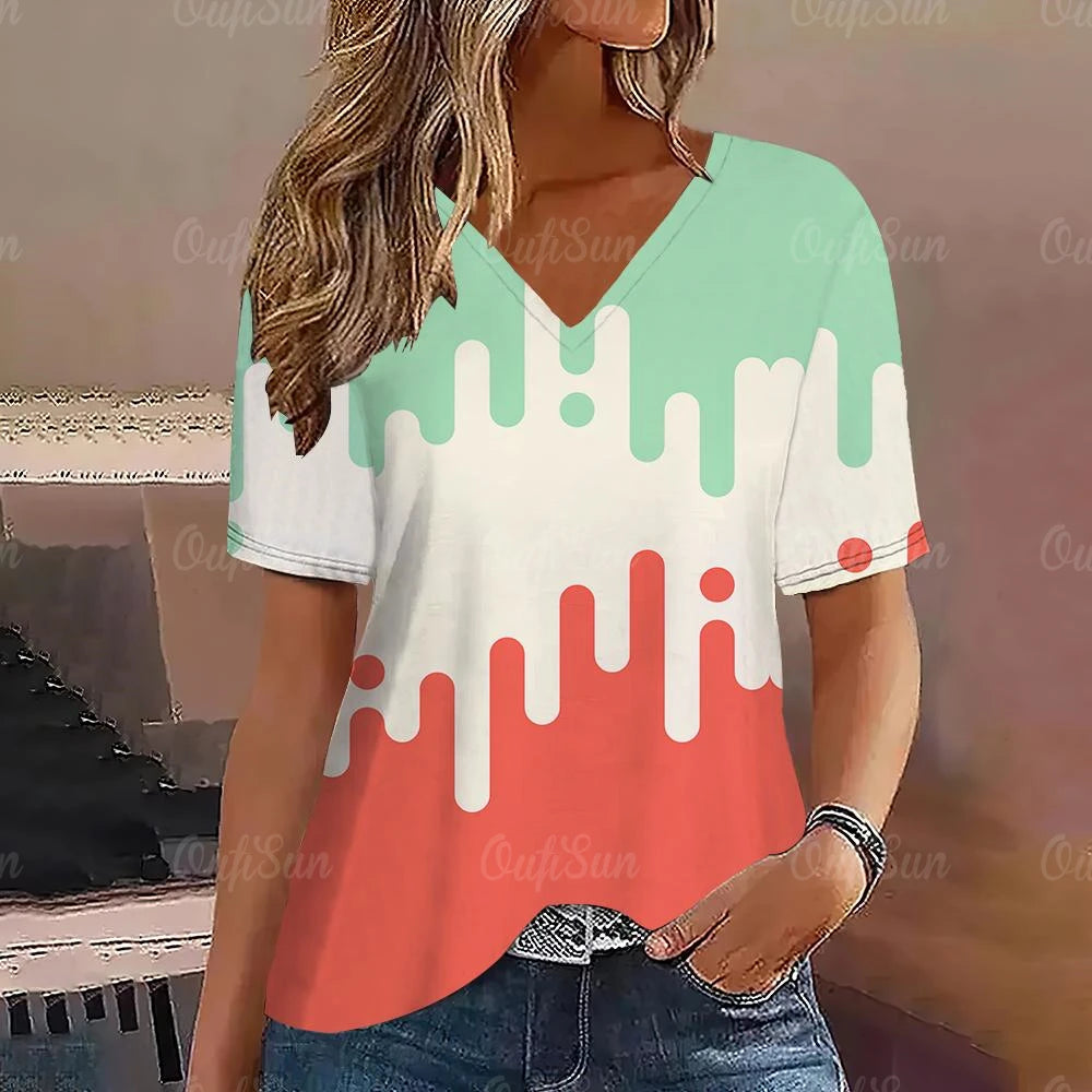 Gradient V Neck Short Sleeve T-Shirt Fashion Women T Shirt Print Basic Tops Streetwear Summer Oversized Clothing Female T-Shirts