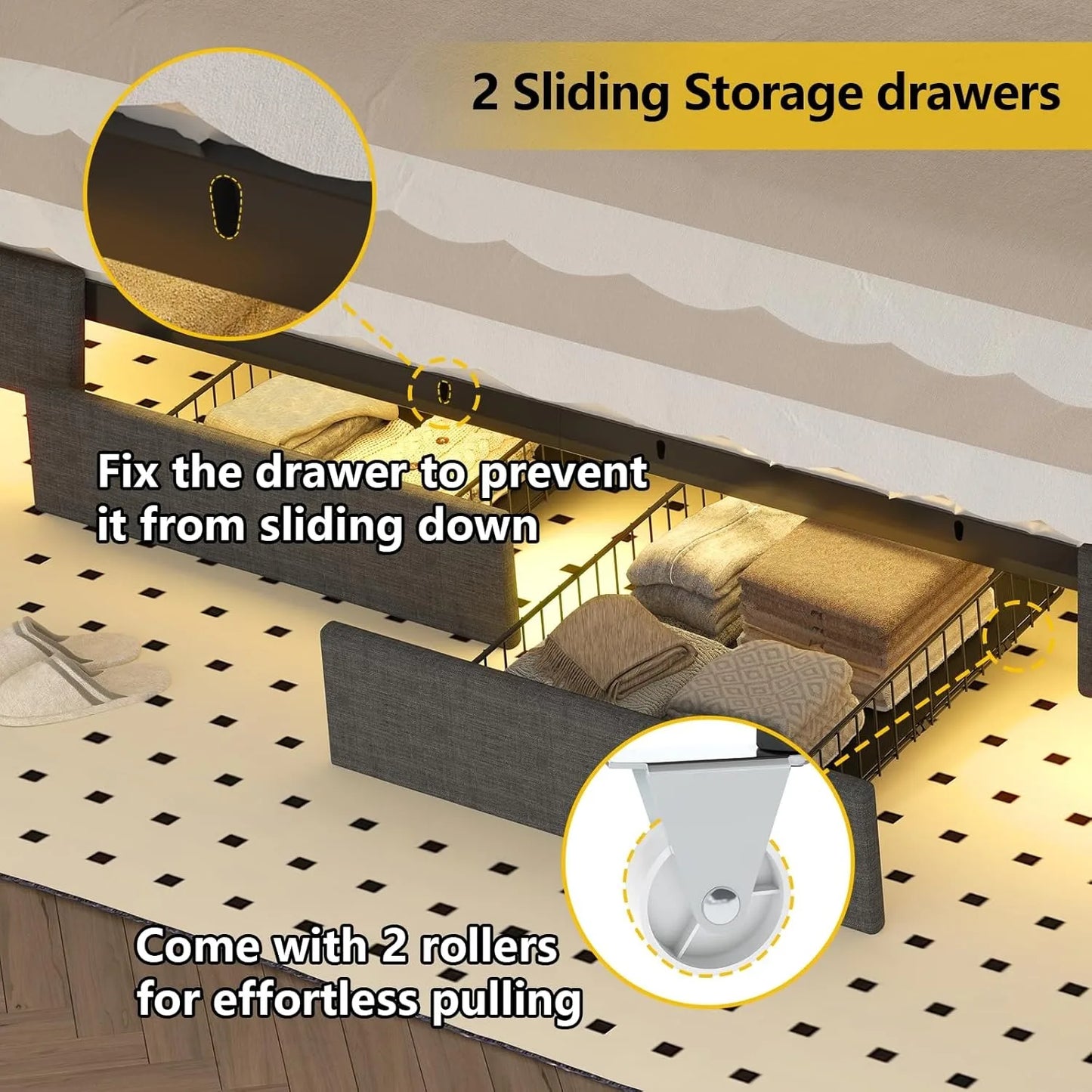Floating Bed Frame with Storage Drawers & LED Lights, Upholstered Platform Metal Bed Frame with Charging Station, Easy Assembly