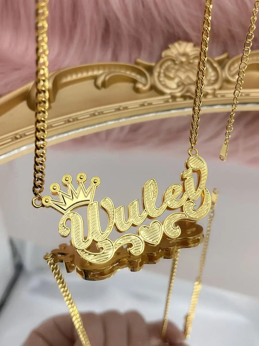 18K Gold Plated Nameplate Necklace Personalized Double Layer 3D Necklaces With Heart Customized Name Stainless Steel Jewelry