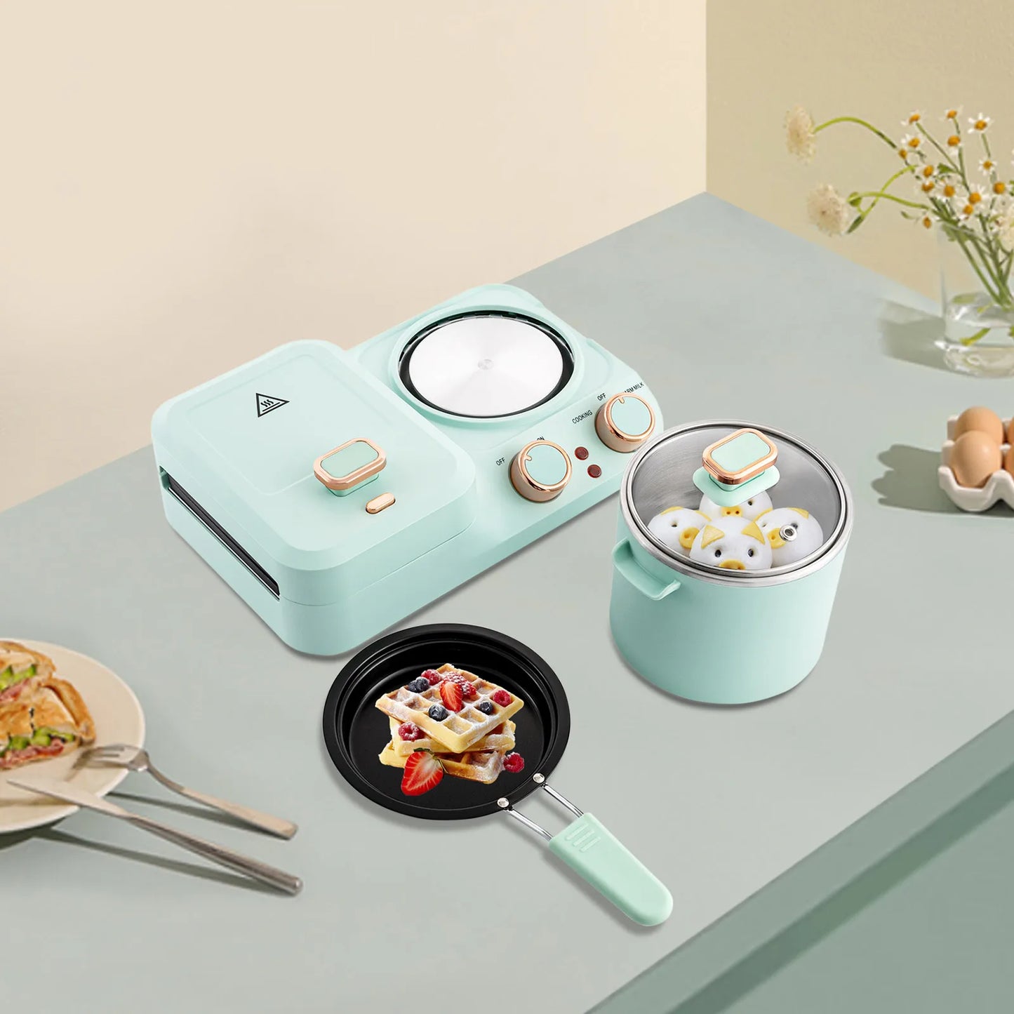 3 in 1 Breakfast Station Electric Mini Toaster Bread Breakfast Sandwich Maker Breakfast Machine with Frying Pan, Boiling Pot