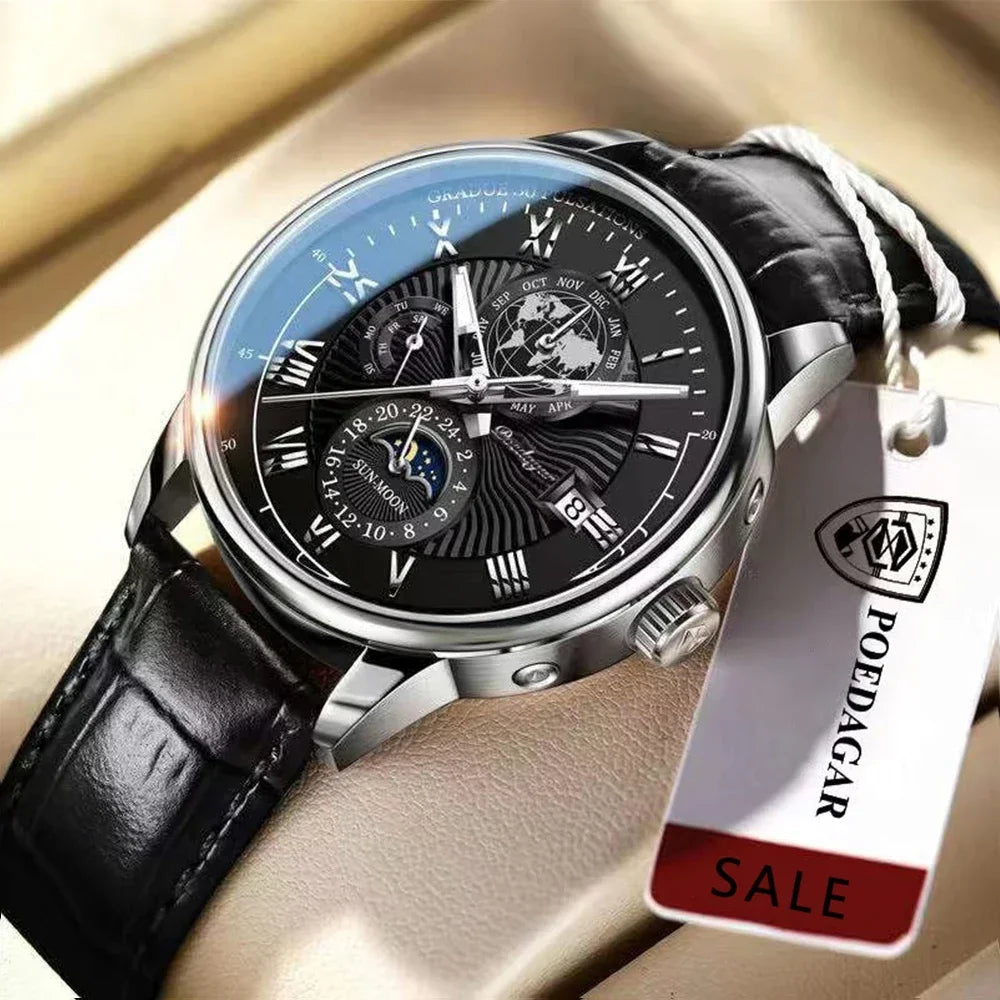 Luxury Man Watch Waterproof Chronograph Moon Phase Pattern Luminous Men's Wristwatch Leather Men Quartz Watches Casual Clock