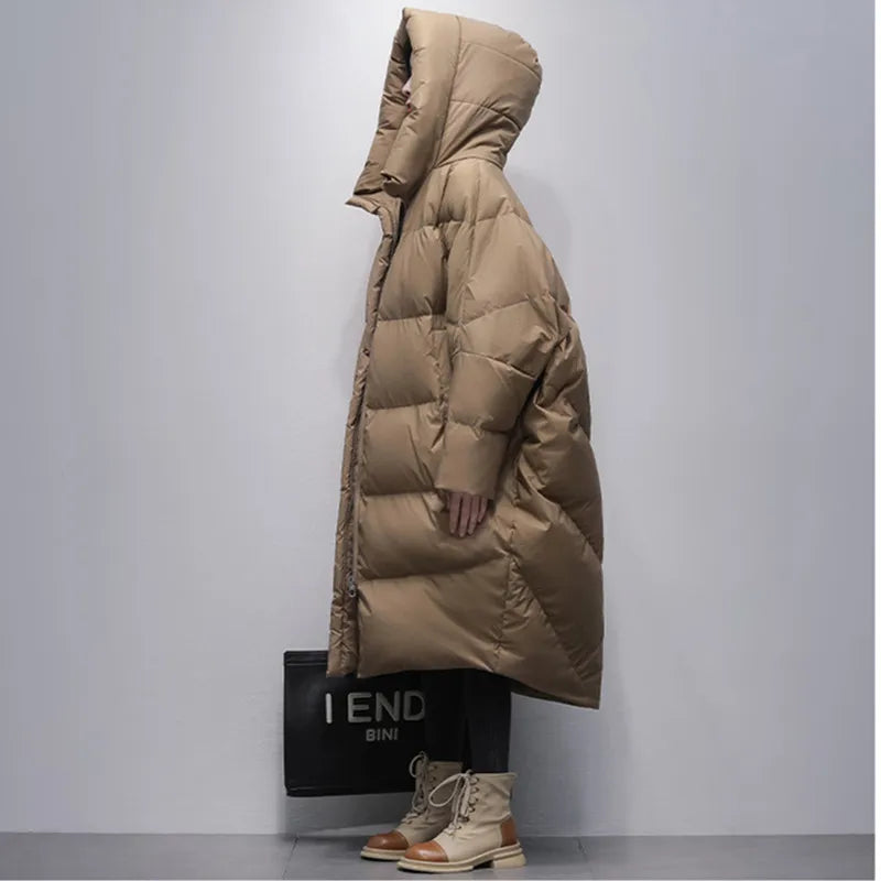 Winter Long Down Jacket Female 2025 New Korean Bat sleeve Hooded 90% White duck down Coat Women's Loose Warm Parkas Overcoat