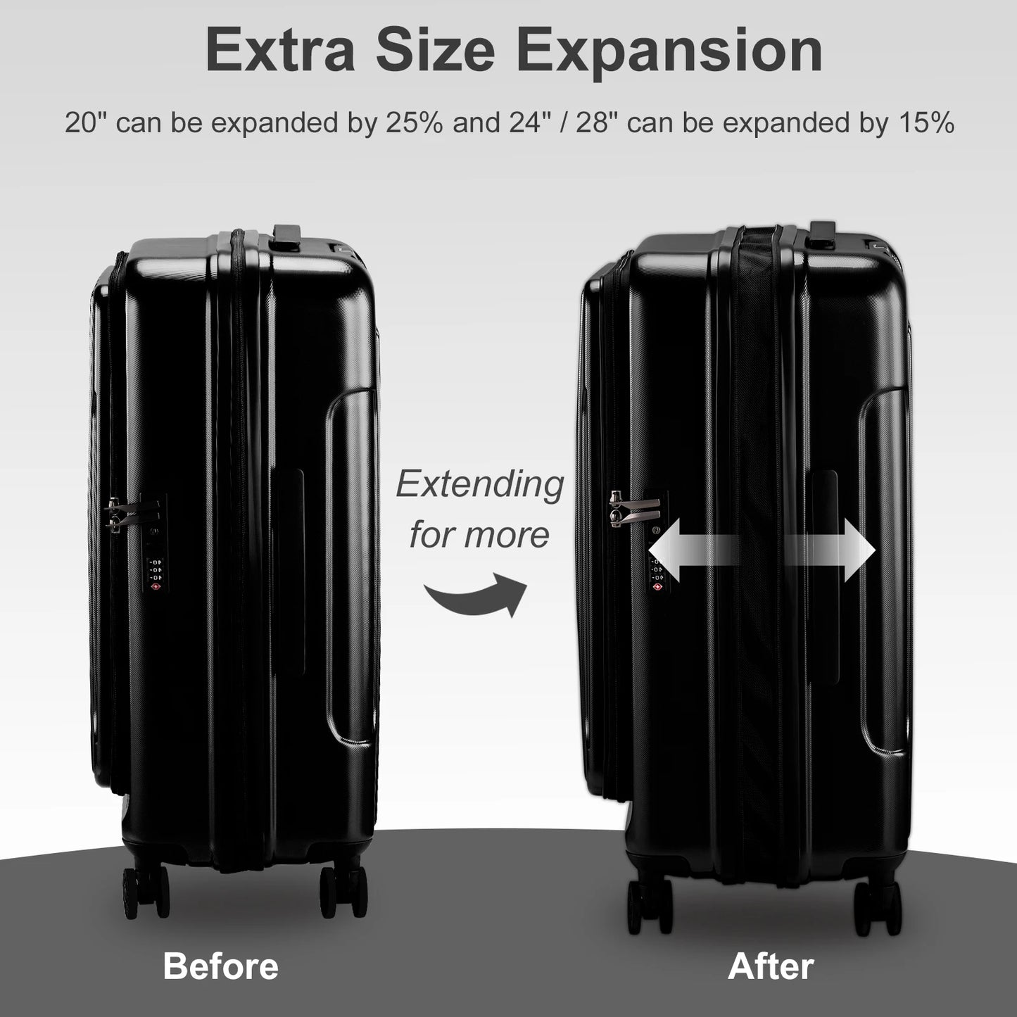 22 ×14 × 9 Airline Approved with USB Port, ABS+PC 20 Inch Luggage with Front Compartment, Double Spinner Wheels, TSA Lock Black