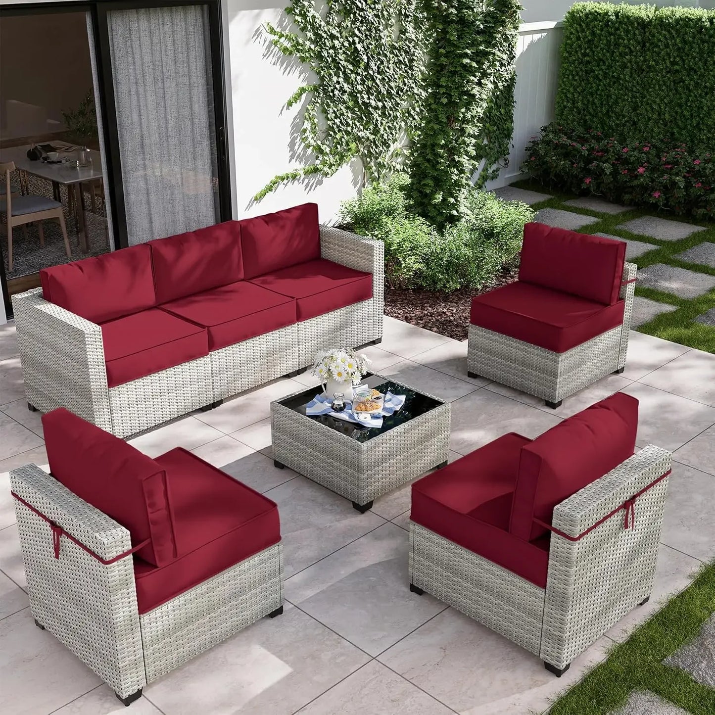 8-Piece Patio Furniture Set With Fire Pit Table, Seat Cushions Light Grey Outdoor Modular Wicker Conversation Set