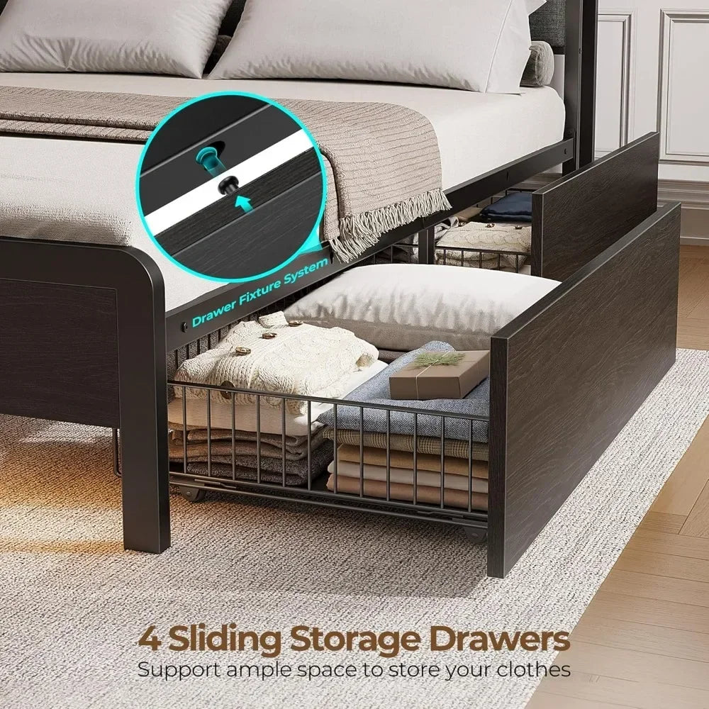 Bed Frame Twin Size with Bookcase Storage Headboard, Slide Out Bedside Storage, Bed with Charging Station & LED Lights