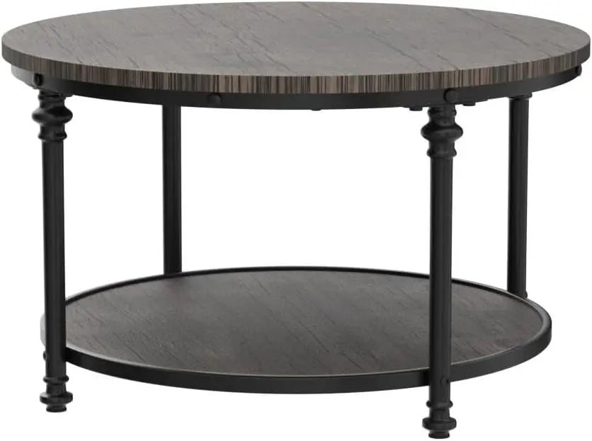 Round Coffee Table for Living Room Rustic Center Table with Storage Shelf Wood Circle Coffee Table , Easy Assembly