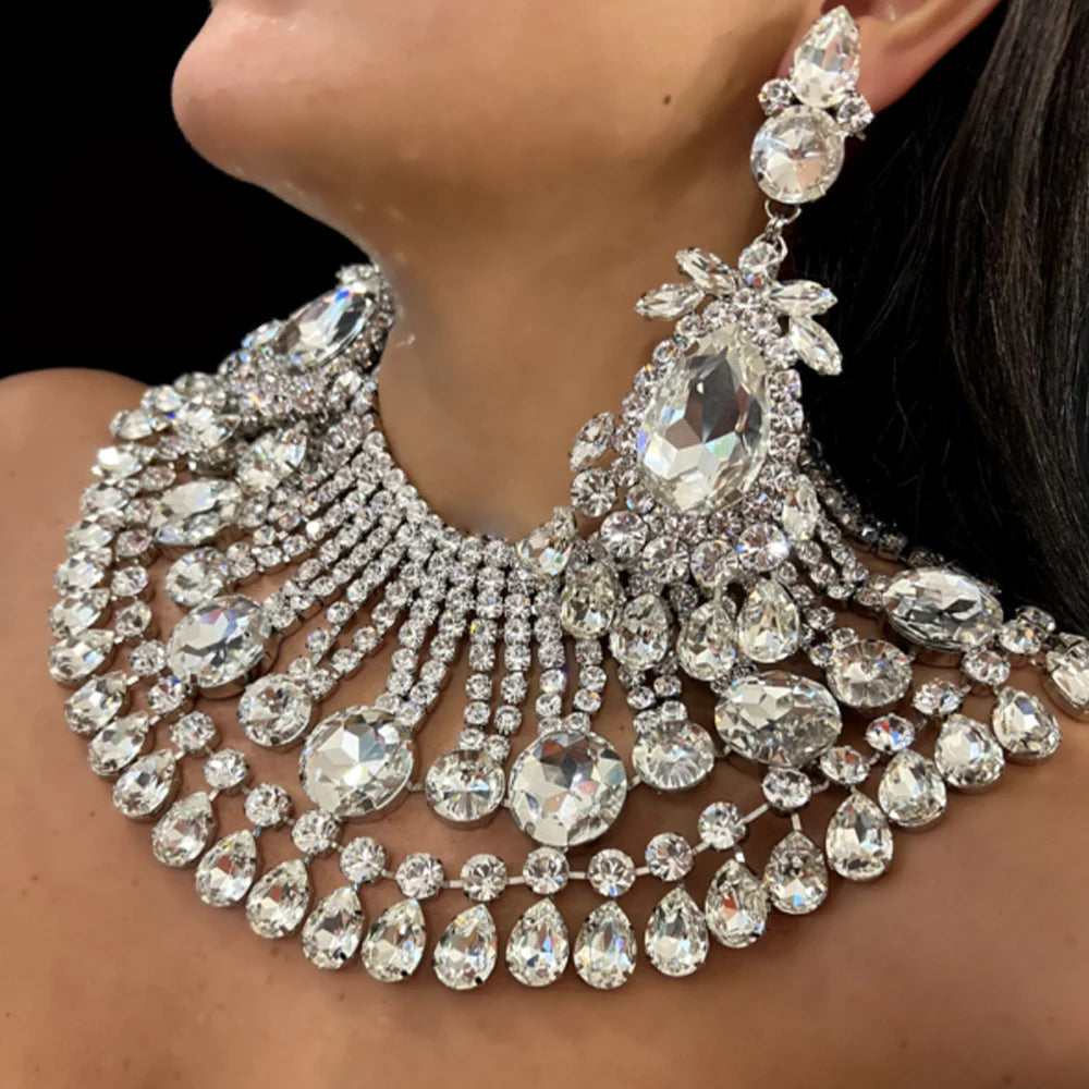 Stonefans Oversized Round Necklace Set With Earrings for Girls Women Y2k Accessories Luxury Wedding Set Decoration Jewelry Gifts