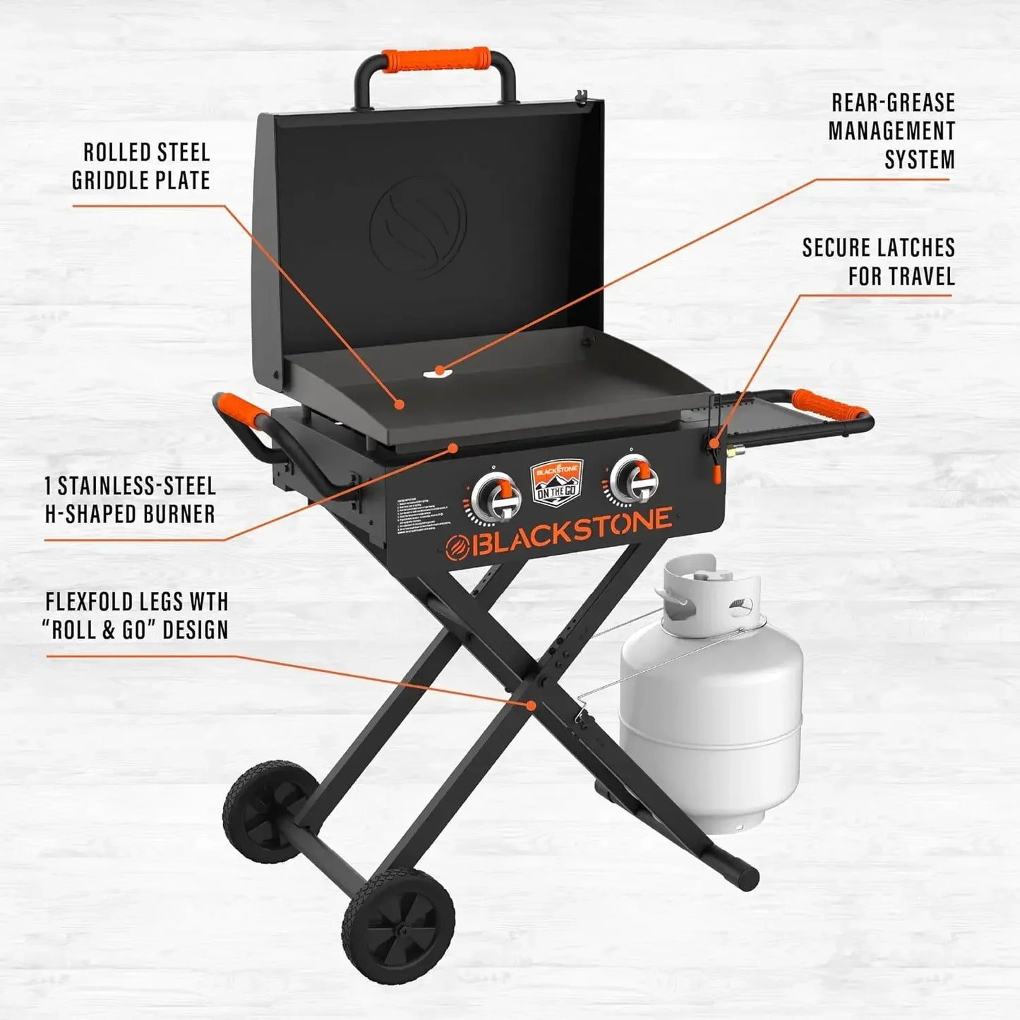 On The Go Scissor-Leg Two Burners Gas Hood, Wheels, Side Shelf Heavy Duty Outdoor Stainless Steel Griddle