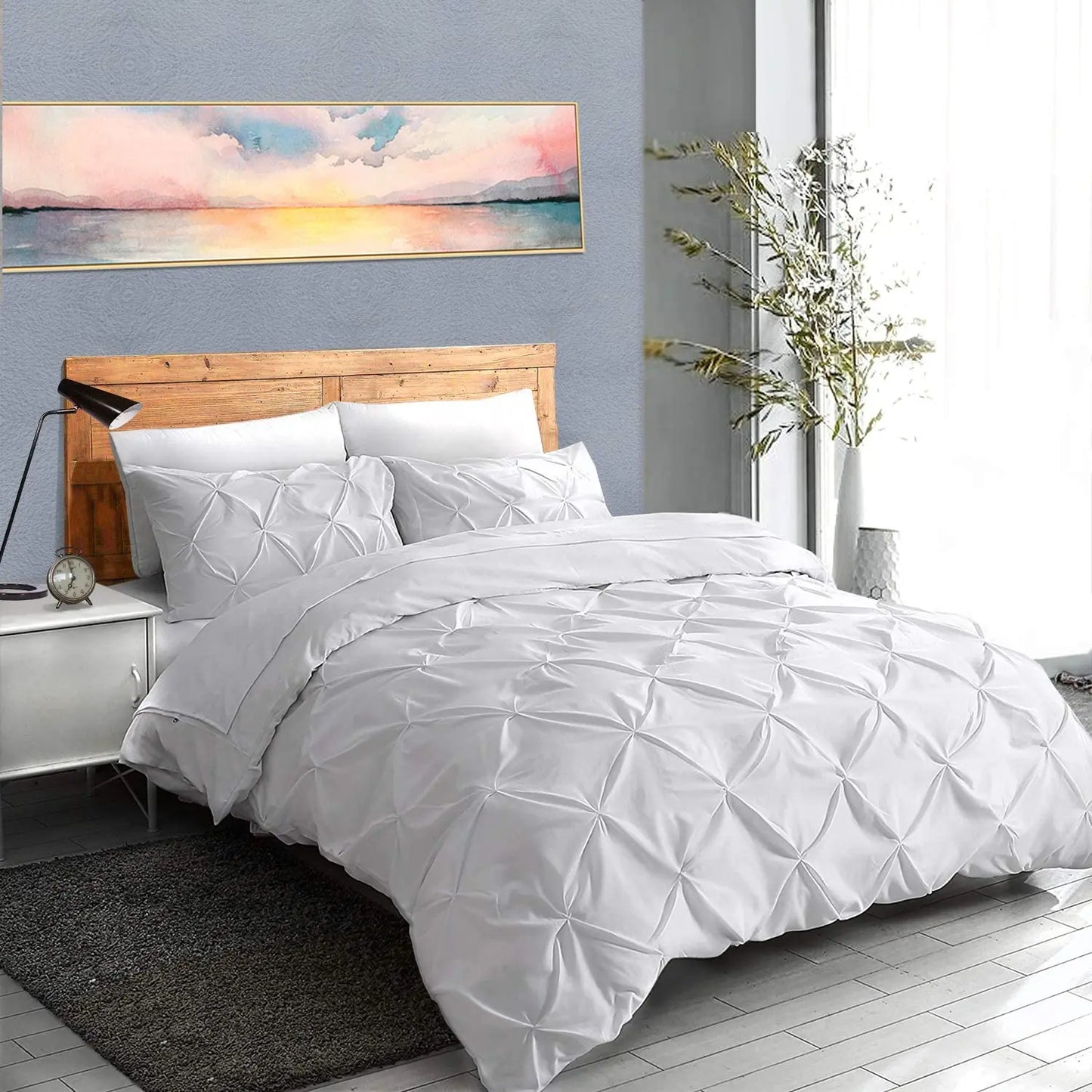 100% Egyptian Cotton Pinch Pleated Textured 3 Piece Duvet Cover with Zipper Closure & Corner Ties Bedding Set with Pillowcase