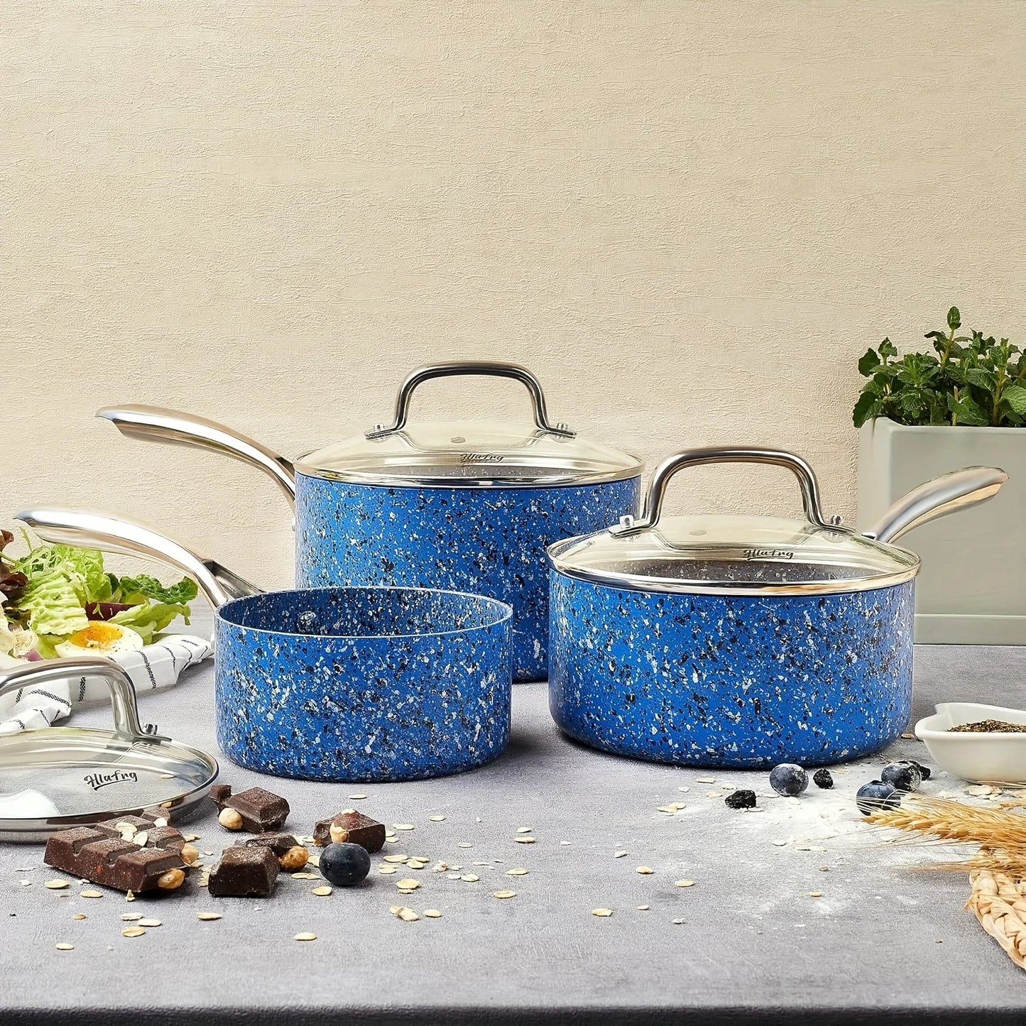 Nonstick Premium 3-Piece Saucepan Set with Glass Lids, Natural Durable Granite Coating,  Durable & Oven Safe, 1&2&3QT, Blue