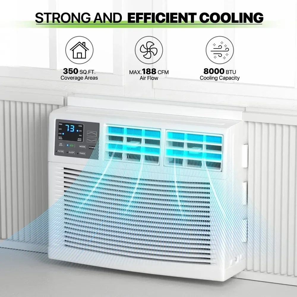 8000 BTU Window Air Conditioner with Remote, 6 Modes-Cool, Dry, Auto-Restart, Fan, Sleep, Ideal for Rooms Up To 350 Sq. Ft.