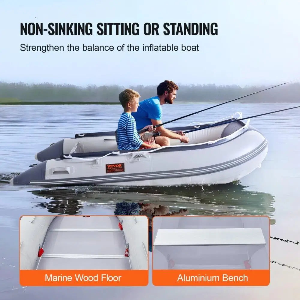 4-Person Inflatable Dinghy Boat with Wood Floor, Adjustable Bench, 1000lbs Capacity, Oars & Pump - Ideal Fishing Raft