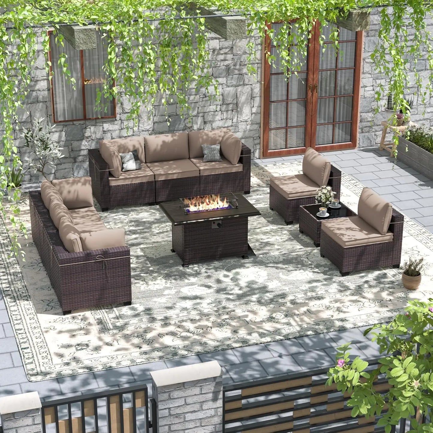 Patio Furniture Modularwith Swivel Chairs Outdoor Sectional Wicker Rattan w/Fire Pit Conversation Sofa Set for Backyard