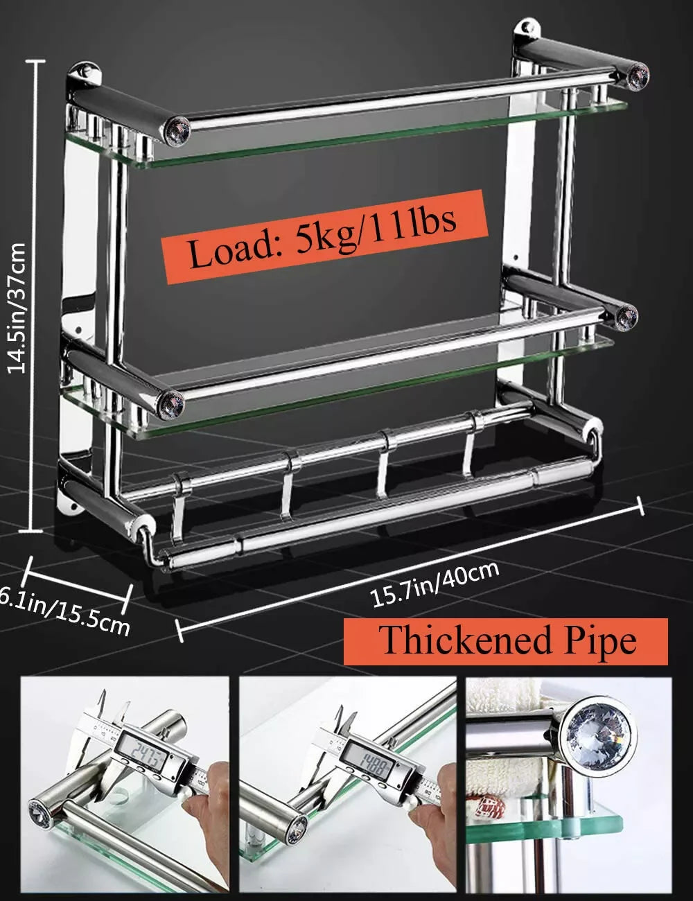 3 Tier Bathroom Shelf Towel Rack Tempered Glass Floating Shelves Wall Mounted Stainless Steel Rack Rail Holder Organizer