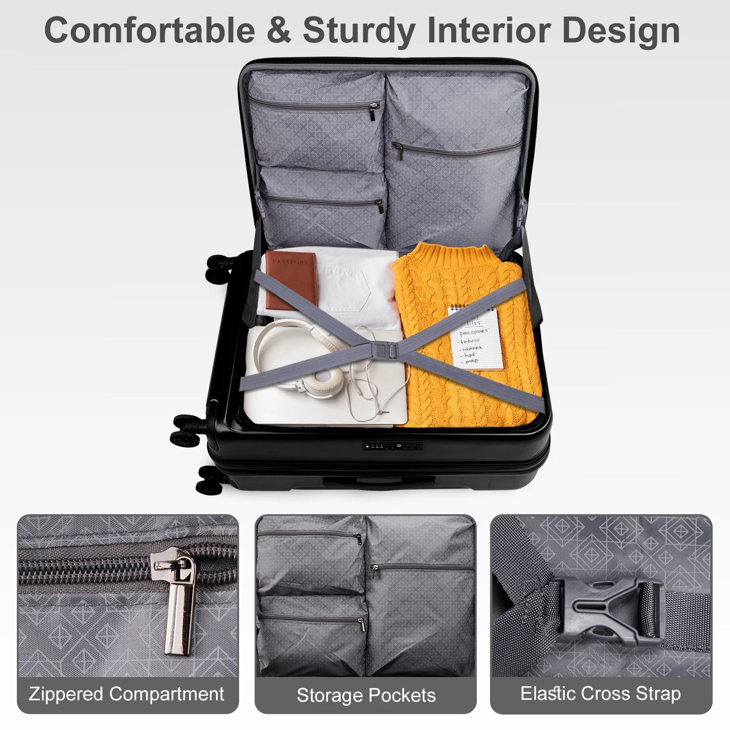 22 ×14 × 9 Airline Approved with USB Port, ABS+PC 20 Inch Luggage with Front Compartment, Double Spinner Wheels, TSA Lock Black