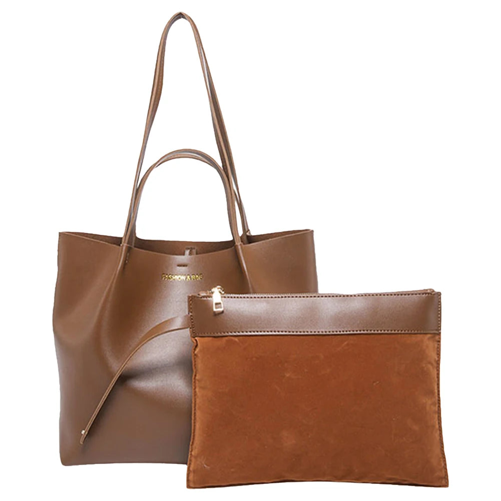 Women PU Shoulder Bag Stylish Single Shoulder Bag Large Capacity Trendy Tote Handbag with Pouch Chic Hobo Bag Simple Work Bag