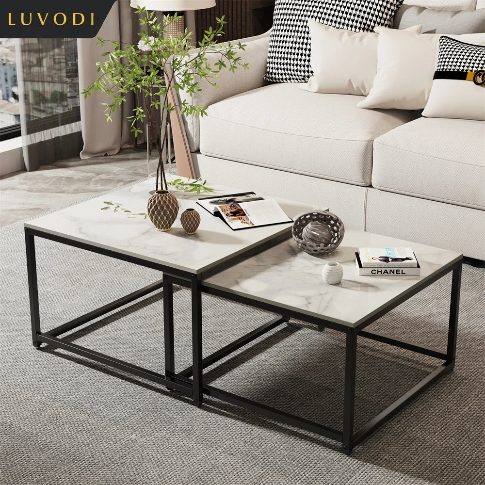 LUVODI Set of 2 Living Room Stackable Rectangle Nesting Coffee Accent Tables with Black n White Sintered Stone Tabletop