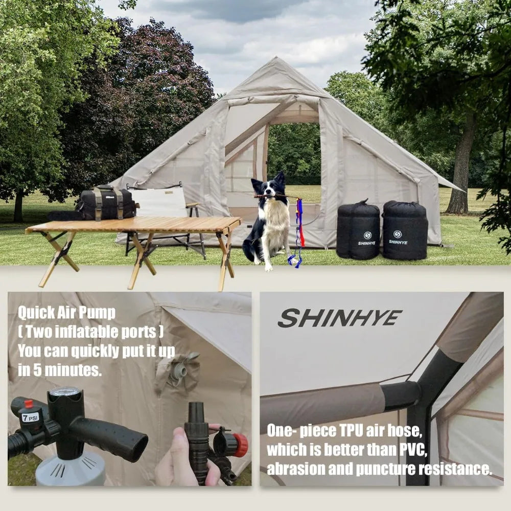 Inflatable tent with pumps, easy-to-pitch large outdoor tent, cabin tents with double mesh windows and convective double doors