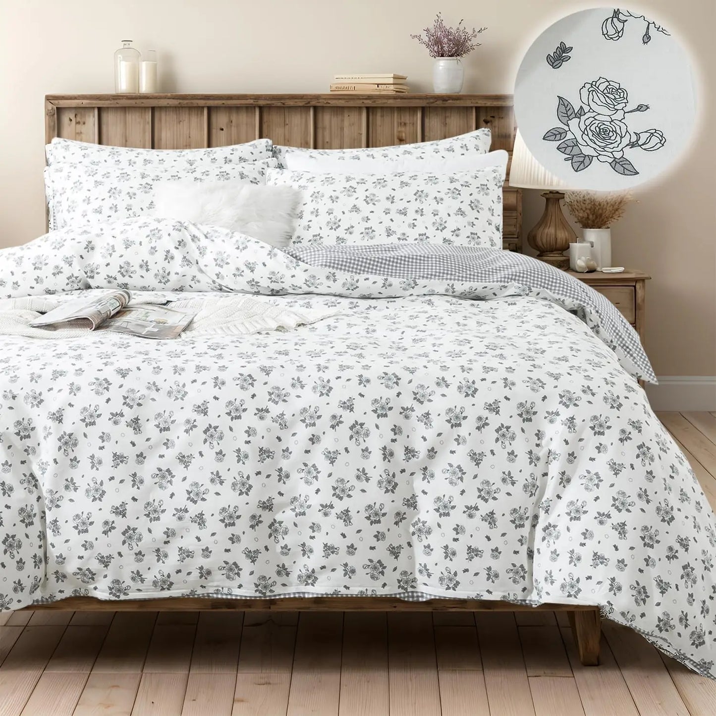 Floral Duvet Cover Queen 100% Cotton Blue Green Farmhouse Bedding Super Soft Reversible Striped Country Bed Purple Hydrangea
