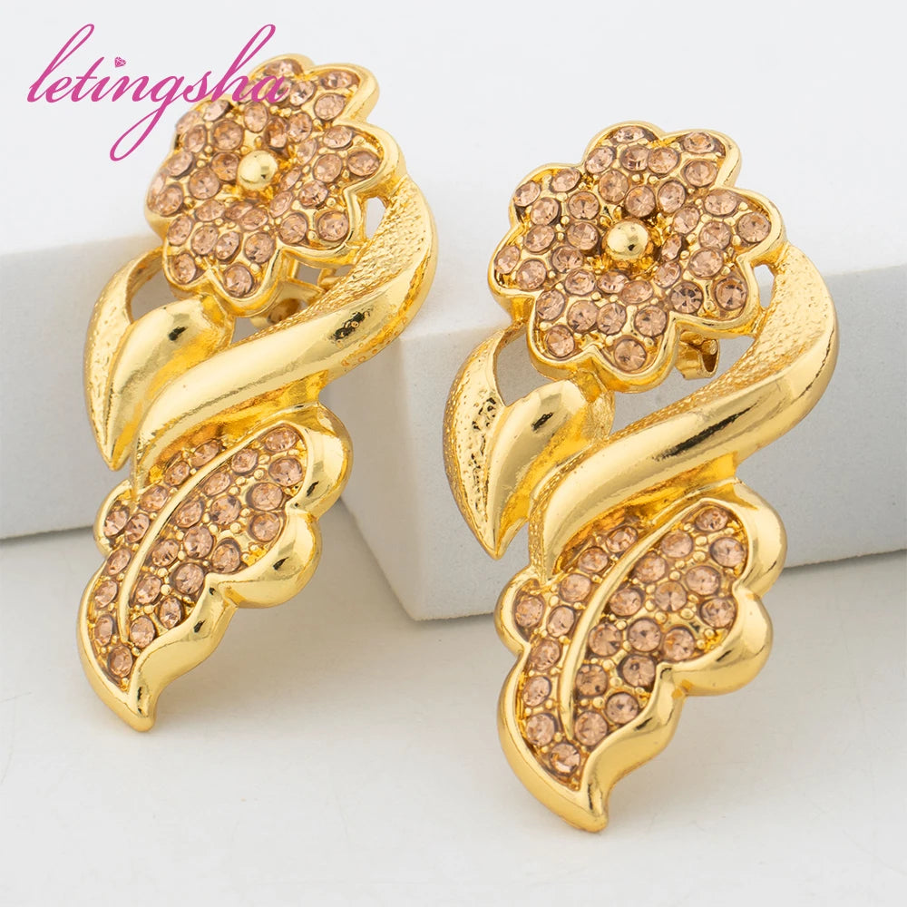 Jewelry Set for Women Dubai Zircon Pendant Clip Earrings Bangle Ring Set Italy Gold Color Bride Jewellery Wedding Party Gift
