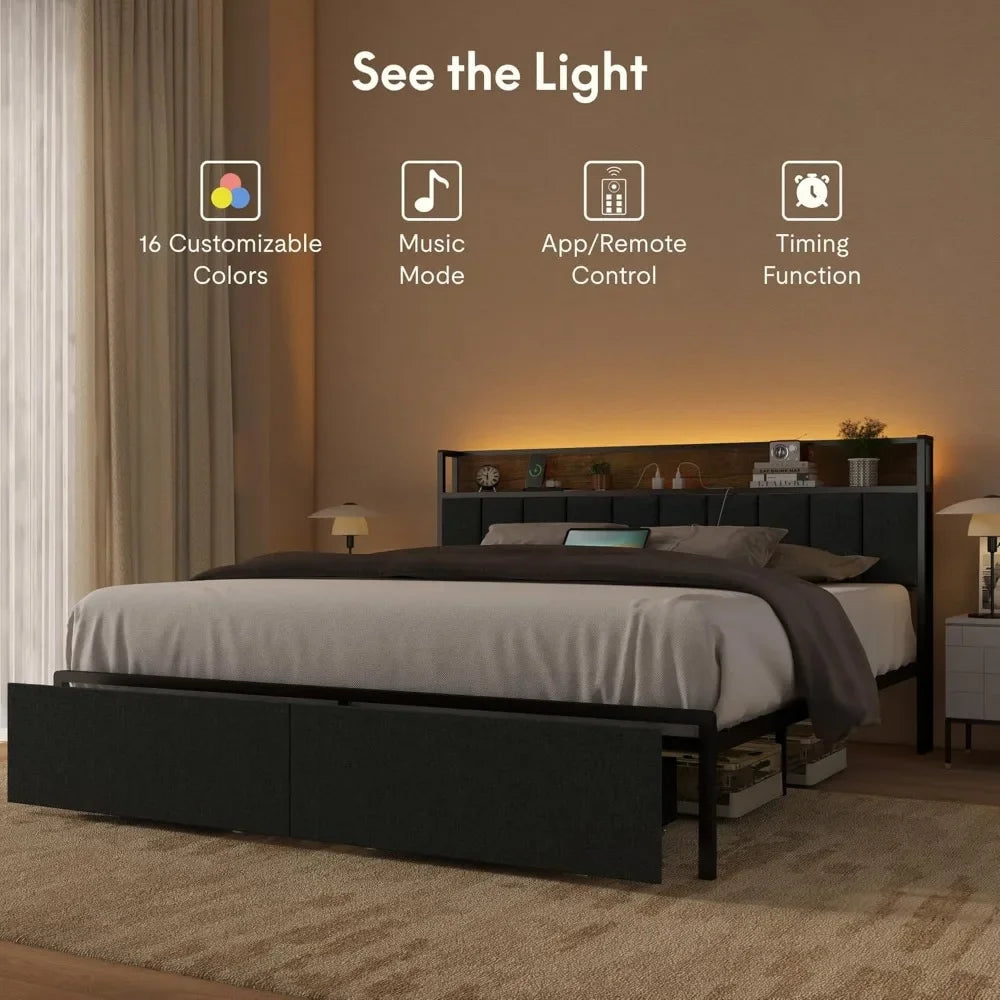Bed Frame with Storage Headboard, Built-in Charging Station & LED Lights – Sturdy Platform Bed with Drawers