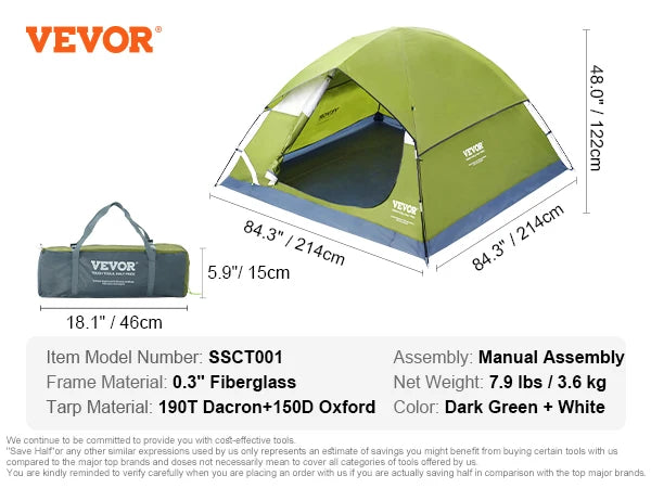 VEVOR 6 Person Outdoor Profession Fabric Tent Rainfly Waterproof Camping Tent Family Outdoor Instant Setup Tent with Carring Bag