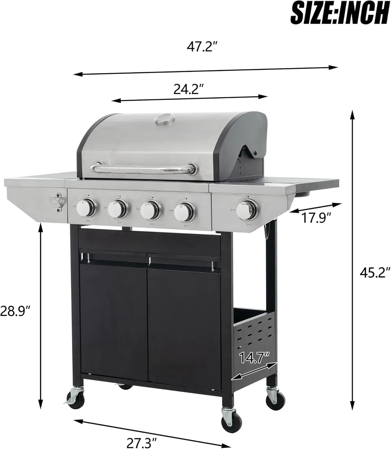 Propane Grill 4 Burner Barbecue Grill Stainless Steel Gas Grill with Side Burner and Thermometer for Outdoor BBQ, Camping