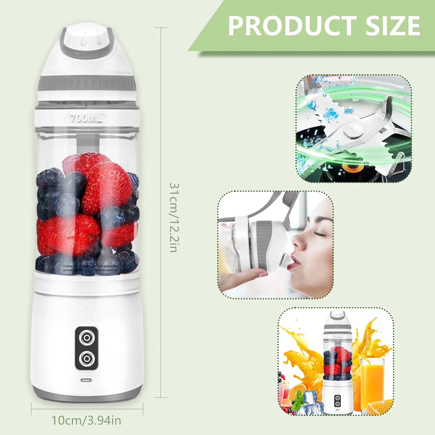 24oz Portable Blender Juicer Cup USB Rechargeable Smoothies Mixer Fruit Machine